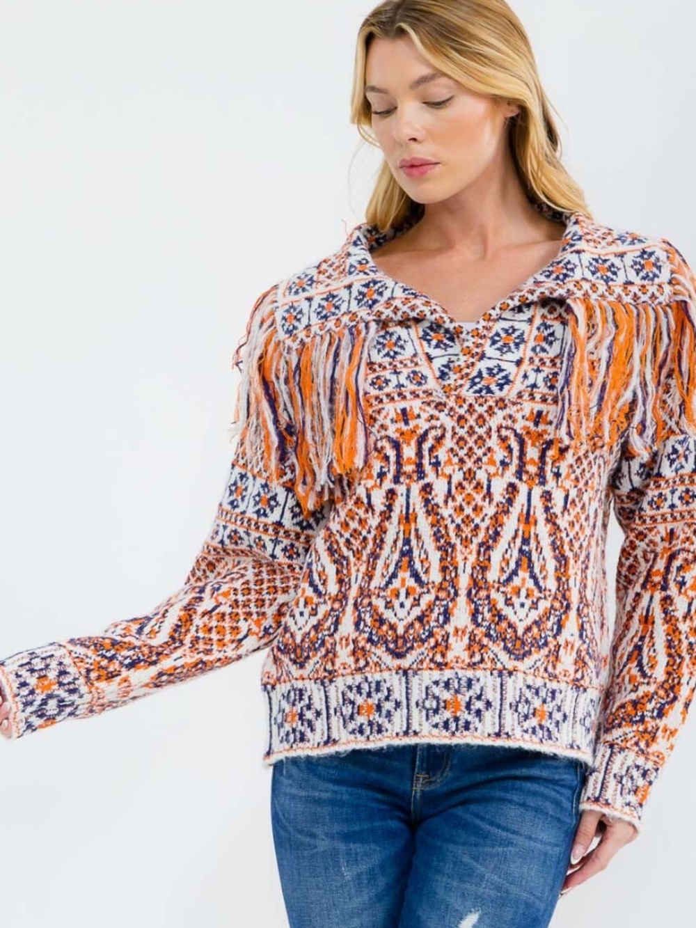 Fringed Fair Isle Hoodie Sweater in Orange & Navy
